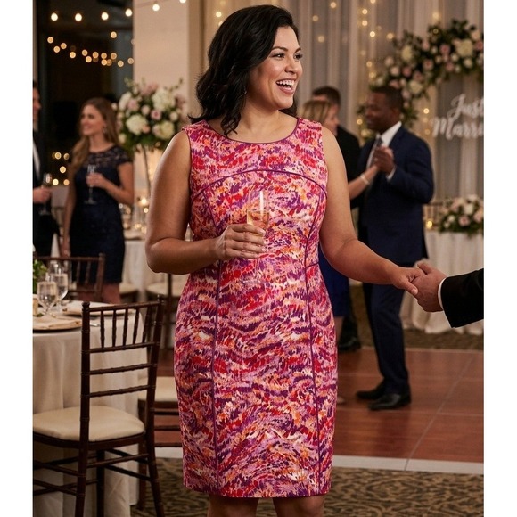 Alex Marie Dresses & Skirts - Alex Marie Sheath Dress Womens 14 Purple Pink Orange Abstract Print Sleeveless
